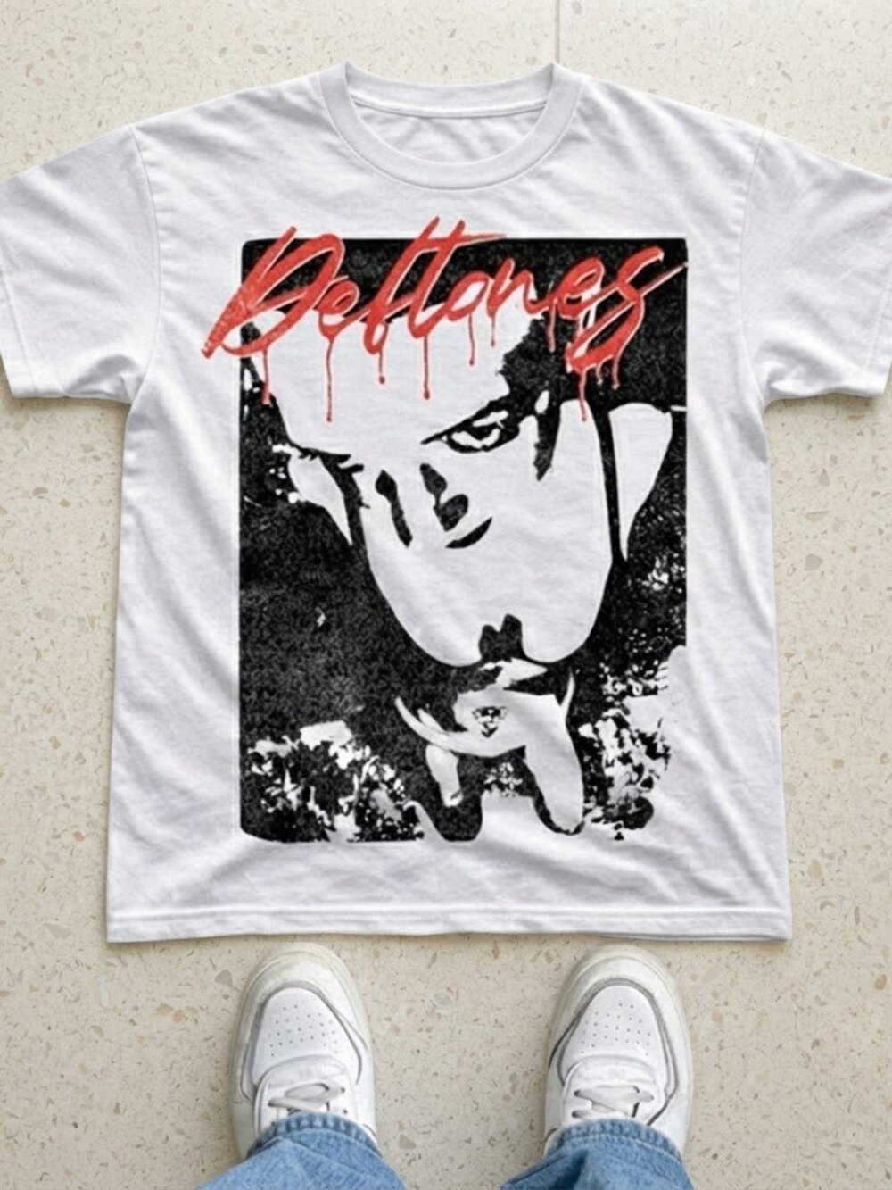Deftones White Graphic T-Shirt Black Red Face Art Alt Metal Band Tee